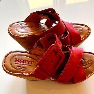 Born brand handcrafted footwear. Size 5 rarely worn. Lovely orange wedge shoes.